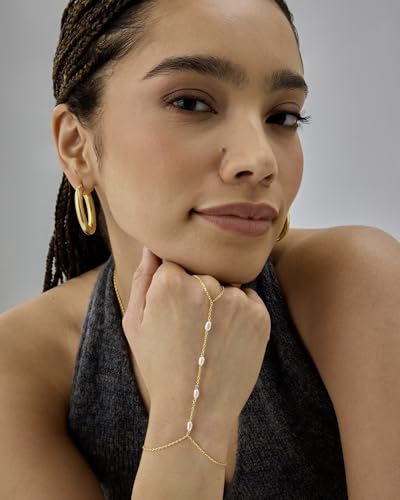 Image of PAVOI 14K Gold Plated Hand Chains for Women - Adjustable Hand Chain Bracelet and Ring - Trendy Gold Handchain Bracelet Stack Summer Jewelry - Beads, Pearl, and Cubic Zirconia Body Jewelry