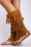 Womens Mid Calf Fringe Moccasin Dress Sandals Sexy Boot Style in Black Tan, Brown, Red