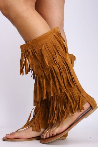 New Womens Mid Calf Fringe Moccasin Dress Sandals Sexy Boot Style in Black Tan, Brown, Red