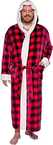 Ross Michaels Mens Robe Big & Tall Sherpa Lined Buffalo Plaid - Long Plush Fleece Hooded Bathrobe (Red/Black, Large/X-Large)