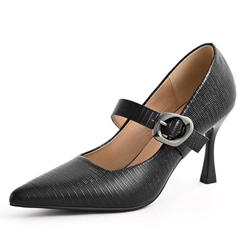 Women's Closed Pointed Toe Kitten Heel Mary Jane Pumps Elegant Leather Embossed Adjustable Buckle Strap Fashion Dress High Heels Stiletto Work Shoes