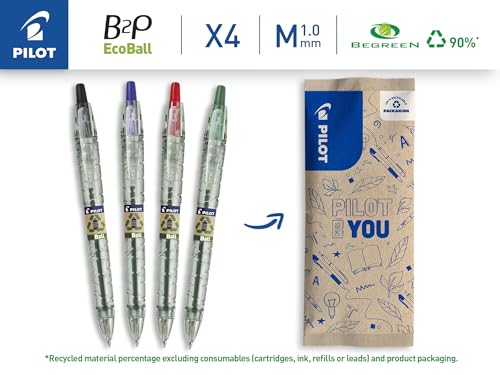 PILOT - Pack of 4 B2P ECOBALL 1mm - Gel ink roller ball pen - Medium - Begreen - Assorted colors - Black, Blue, Red, Green