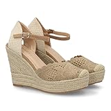 shoes&blues.es 100088 Alpargata de Mujer con Cuna de Esparto y Diseno Bordado Decorativo en la Punta, Cierre de Hebilla. Ideal para Mujer Temporada de Primavera Verano Taupe Talla 39