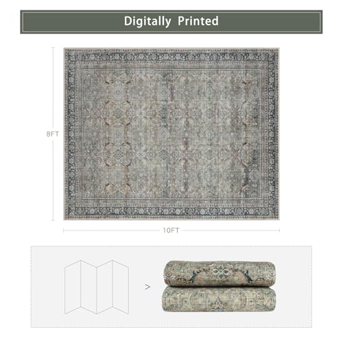 Washable Rugs 8x10 Area Rugs for Living Room,Rugs for Bedroom,Large Carpets,Ultra Soft Faux Wool Retro Dining Room Rug,Non Slip&Non-Shedding Low Pile Vintage Print Rug for Home Office,Green