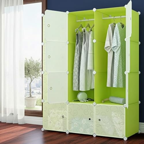 Image of KRISHYAM Kids Modular Storage Cabinet with anging Rail,12 Cube Plastic Wardrobe Organizer, DIY Closet System with Hanging Rod, Toy & Clothes Storage (Green Plain, 12 Box)