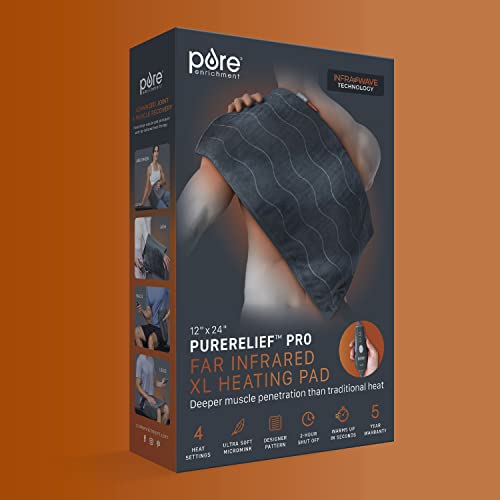 Pure Enrichment® Purerelief™ Pro Far Infrared Xl Heating Pad - Deeper Muscle Relief For Back, Neck, Shoulder, & Knee Pain In Athletes, 4 Heat Settings, Dry/Moist Heat, 12” X 24” Extra-Large Size #TOP6