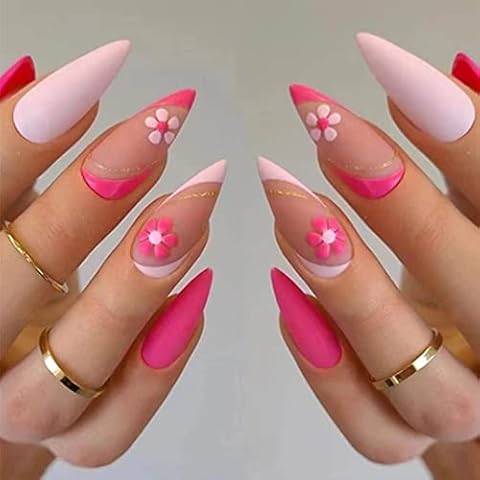 Enppode French Tip Nails Pink Press on Nails Long Fake Nails Matte Nails for Women Almond Acrylic Nails Cover