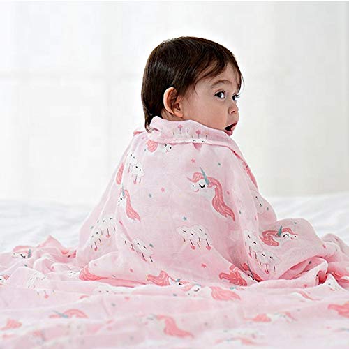 Image of Kassy Pop Printed 6 Layer Bamboo Muslin Blanket Cum Swaddling Towel for Baby, Toddlers | 70% Bamboo, 30% Cotton | AC Quilt, Multi-Purpose Blanket | Toxin Free | 110cm x 110cm (Pink Unicorn Print)
