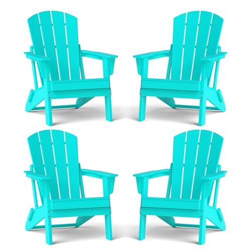 Image of Folding Adirondack Chair Set of 4, Lightweight - Portable HDPE Patio Chair, All-Weather Space-Saving Foldable Fire Pit Seating for Camping, Backyard, Deck-Aruba Blue
