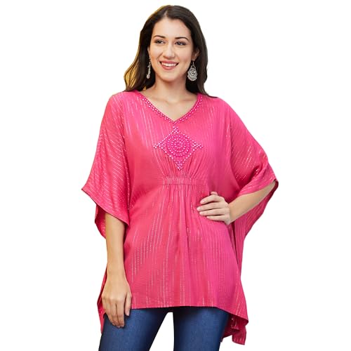 Image of Globus Women Striped Mirror Work V- Neck Pure Cotton Kaftan Tunic