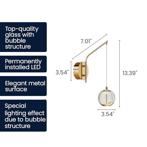 Image of 13 inch Gold Hanging Wall Sconce Vintage, Integrated LED Bubble Glass Globe, Modern Art Deco Hanging Wall Light for Bedroom, Living Room and Bathroom, 3000K Warm White, Hardwired