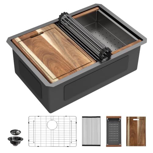 Image of 27 inchx19 inch Gunmetal Black Undermount Workstation Kitchen Sink | 16 Gauge T304 Stainless Steel Deep Single Bowl Basin with Integrated Ledge, Round Corners, Under Counter, Nano-PVD Finish