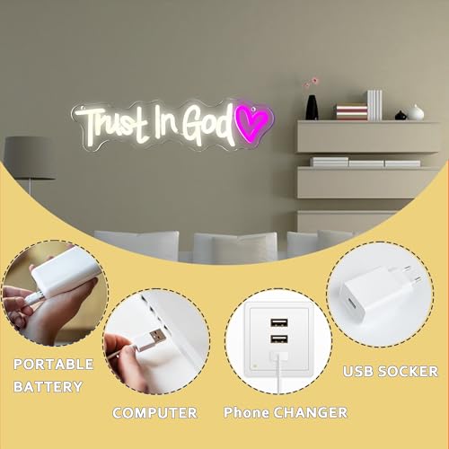 Image of Symone Trust In God Neon Sign, USB Powered Dimmable Spiritual Decor Faith Hope Love Sign LED Neon Light, for Faith Religious Church Prayer Room Living Room Room(15.7 * 3.9 In)