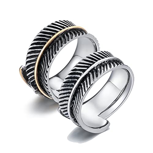 Bague plume vintage en acier inoxydable pour homme et femme, lot de 2 anneaux fantaisie style rétro