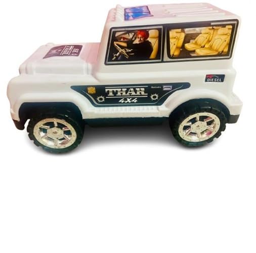 Mahindra Thar 4x4 Toy Car for Kids – White Plastic Jeep with Big Wheels, Pull Back Action Vehicle, Off-Road Toy Truck for Boys & Girls, Durable Friction Powered Adventure Car Toy Gift