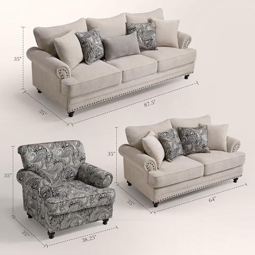 Image of 3 Piece Living Room Set, Modern Farmhouse Chenille Sofa and Loveseat with Nailhead Trim, Floral Accent Chair, 9 Accent Pillows Included