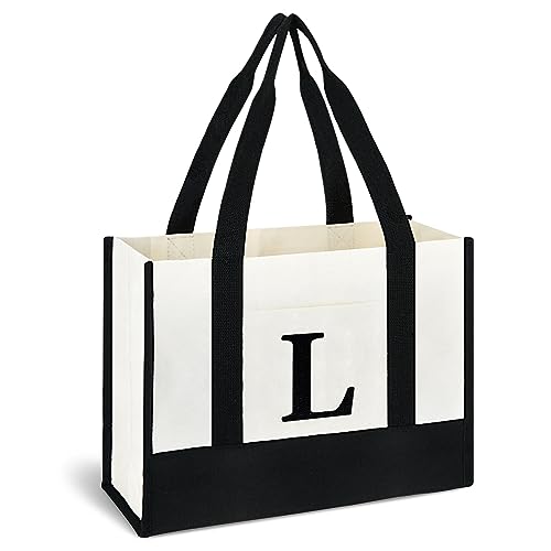 BALEINE Personalized Initial Canvas Tote Bag, ECO Friendly Multipurpose Bags for Women, Gift Bag, Beach Bag (L)
