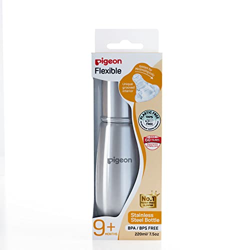 Image of Pigeon Steel Baby Feeding Bottle for Kids, Made of Stainless Steel, Ergonomic Handle, Anti Colic Nipple Slim Neck Steel Feeding Bottle 220ml-L Size