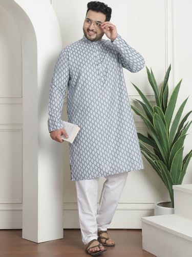 Image of SOJANYA Plus (Since 1958) Men's Cotton Blend Printed Kurta with White Churidar Pyjama