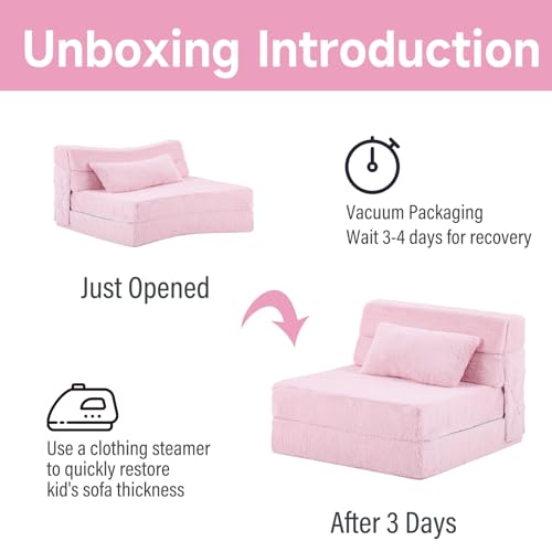 Image of Tiita Convertible Folding Kids Sofa Bed with Pillow & Storage Bag, Plush Fabric Floor Mattress Couch Bed, Washable Cover, Kids Room, Playroom, Dorm, Apartment, Pink