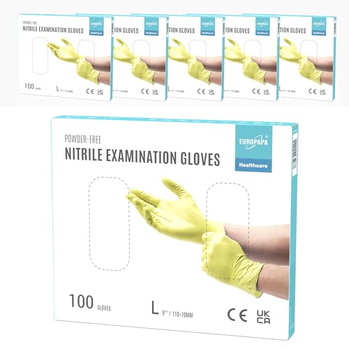 EUROPAPA® 500x Einweghandschuhe Nitrilhandschuhe puderfrei Untersuchungshandschuhe EN455 EN374 latexfrei Einmalhandschuhe Handschuhe in Gr. S, M, L & XL verfügbar (Gelb, L)