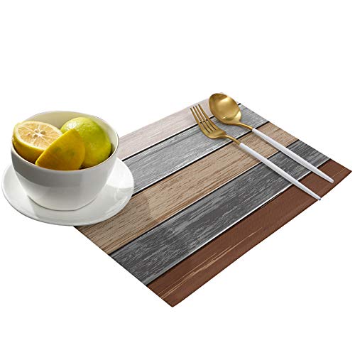 Vandarllin-Placemats-Set-of-6-Retro-Rustic-Barn-Wood-Texture-Polyester-Stain-Resistant-Table-Mats-Washable-Placemat-Decoration-for-Kitchen-Dining-Table-Ombre-Ground-Color-Brown-Grey Vandarllin Placemats Set of 6 Retro Rustic Barn Wood Texture Polyester Stain Resistant Table Mats Washable Placemat Decoration for Kitchen Dining Table Ombre Ground Color Brown Grey