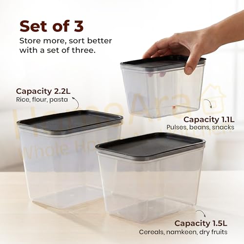 Image of Airtight Plastic Storage Containers for Kitchen & Pantry | 1100ml, 1500ml 2200ml Food Storage Boxes | Leak-Proof, Stackable (Black Transparent)