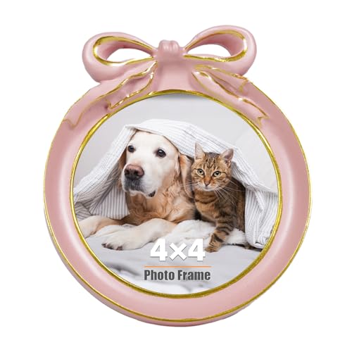 Image of LIMOR 4x4 Pink Round Bow Vintage Tabletop Picture Frame, Ideal for Gifting