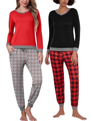 2 Pack Womens Pajama Sets Long Sleeve Sleepwear Matching Pjs Set V Neck Loungewear with Pockets S-XXL