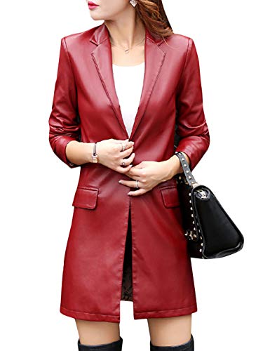 Tanming Womens PU Faux Leather Jacket Casual Lapel Long Suit Trench Coat Outerwear