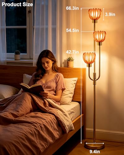 Image of 3-Lights Modern Glass Floor Lamp Gold Dimmable Floor Lamps with 3000K Warm White Bulbs for Wedding Party 66IN Tall Standing Lamp with Deep Red Glass Shade for Living Room /Bedroom /Girls Room