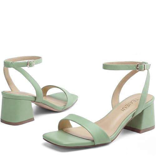 Image of TEAIEUI Block Heels for Women, Square Open Toe Heeled Sandals, Chunky Ankle Strap Shoes for Dress, Party, Prom, Low Heel 2 inch
