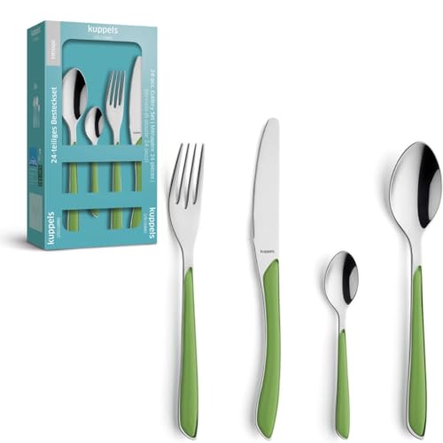 Kuppels Prisma Besteck Set für 6 Personen aus Edelstahl poliert | Besteckset 24-teilig | Hochwertige Kunststoff-Griffschalen in Springgreen...