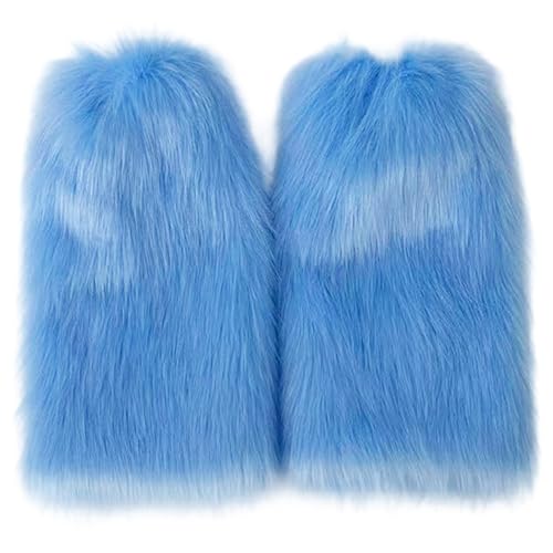 Xoeryoy Calentadores de piernas peludos de 16 pulgadas de largo, pieles sintéticas peludas, calentadores de piernas azules claros, puños de botas suaves de felpa para mujeres