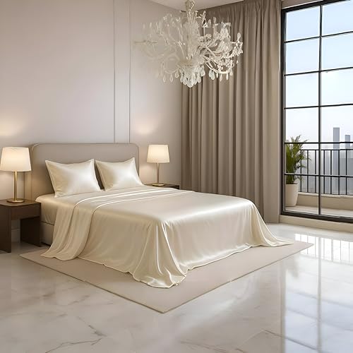 Image of Luxe Ere Satin Bedsheet King Size (90x108) | 300 TC Ultra Smooth Silky Soft Luxury Satin Bed Sheet with 2 Pillow Covers | Premium Satin Bedsheets for Double Bed - Classic Ivory