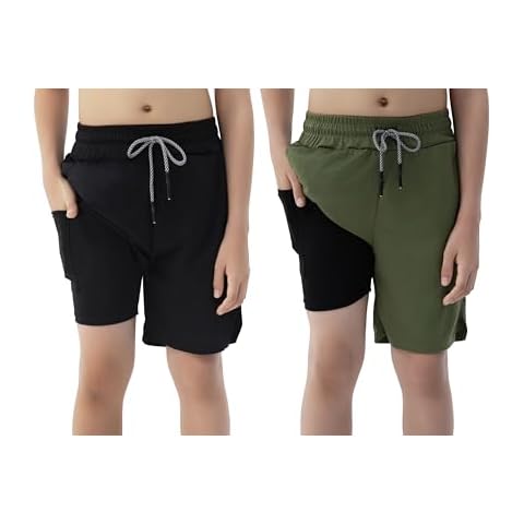 IRELIA 2 Pack Boys 2 in 1 Running Shorts Kids Box Brief Liner Compression Active Sports Shorts Bag 18-20 Black/Army Green Cover
