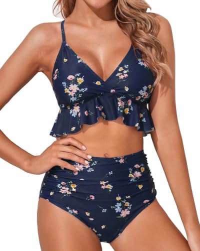 Image of Women Ruffle Bikini Set High Waisted Tummy Control Two Piece Swimsuits | Ruffle,High Waisted,Tummy Control,Removable Bra Pads,Adjustable Shoulder Straps,Full Coverage