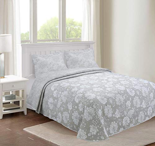 Sibiles - Colcha de Verano Bouti para Cama 135, 150, 180 y 200 Loire Flores Color Gris (235x260 cm - Cama 135/150)
