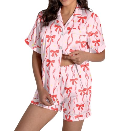 Image of Valentines Pajamas For Women Short Sleeve 2 Piece Set Valentine Day Outfit Bow Heart Print Button Soft Sleepwear