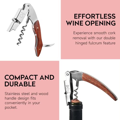 Stainless Steel and Wood Handle Corkscrew, Classic Waiters Friend Design with Built-in Bottle Opener, Easy Wine Bottle Removal Tool for Home Bar Restaurant and Gifting - Image 3