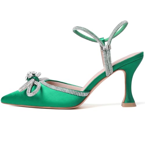 Image of Susanny Women's Closed Toe Rhinstone Wedding Low Heel Slingback Clear Kitten Heels,Adjustable Strap Pointed Toe Bow Pumps High Heeled Prom Dress Shoes