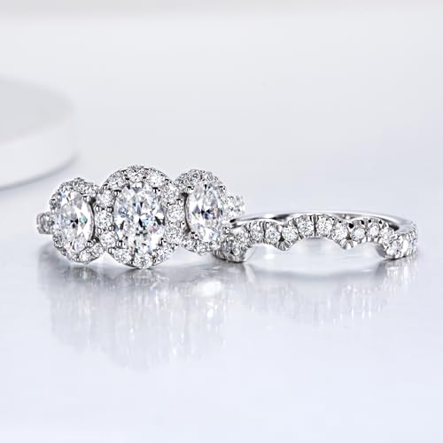 Moissanite Ring Set for Women 3 Stone Oval Cut D Color VVS1 Platinum Plated 925 Sterling Silver3