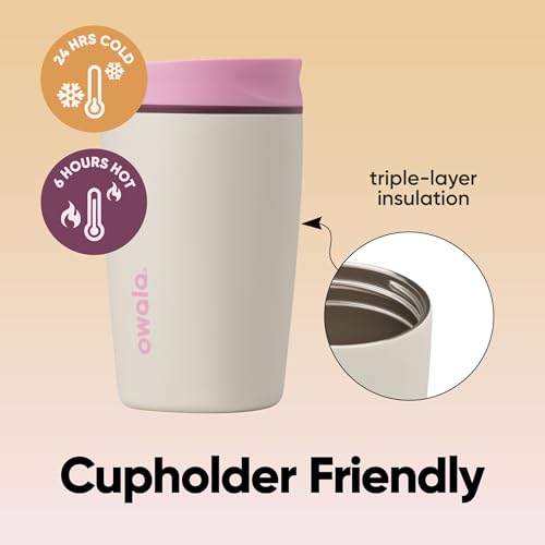 Owala SmoothSip Slider Insulated Stainless Steel Coffee Tumbler, Reusable Iced Coffee Cup, Hot Coffee Travel Mug, BPA Free 12 oz, Pink/Tan (Daybreak) #2