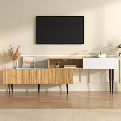 Merax Meuble TV Moderne Modulable avec Longueur Réglable – Design 2 Pièces Bois et Blanc Mat avec Pieds Métal Noir – Meuble Bas TV avec Rangement, Passe-Câbles et Fixation Murale Sécurisée