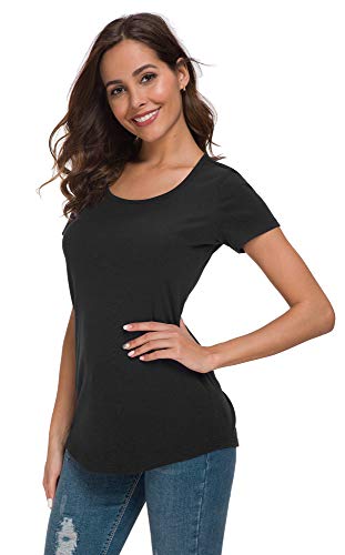 Coreal Womens Casual Curved Hem Solid Color Sleeve T-Shirt Tops Tunic tees Black X-Large