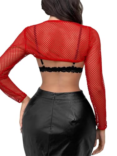 Image of Lilosy Sexy Fishnet Mesh Sheer Crop Top Long Sleeve Shrug Shirt Rave Outfits Cover Up One Piece(No Bra)