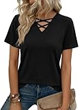 Totatuit Top Mujer Manga Corta Cuello en V Unicolor Camiseta con diseño Cruzado Elegante para un Estilo Diario Negro，S