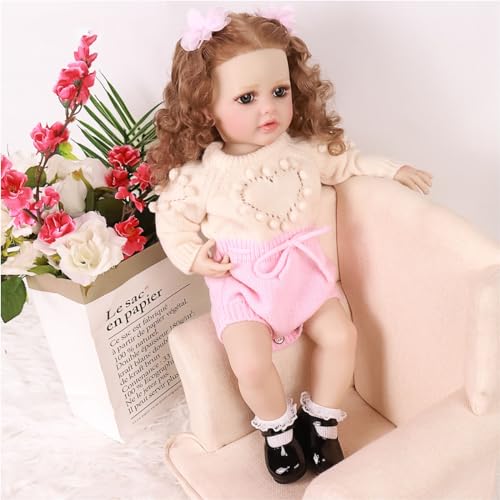 YIHANGG Reborn Kleinkind Puppe Realistisch Mädchen 55cm Ganzkörper Silikon Reborn Baby Puppe Tragen Sie Beige Strickwaren 22Zoll Prinzessin Weihnachten Geburtstag Geschenke – Bild 3