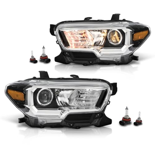 Image of GRAND ORANGE Headlight Assembly W /O LED Daytime Running Light Front Headlamp Left & Right Side Compatible with Toyota Tacoma 2016-2017 Clear Lens Black Housing OE Replacement Halogen Type