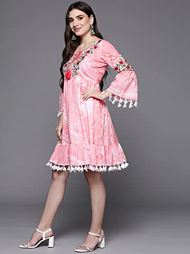Image of INDO ERA Women Blue Embroidered Mid Thigh Length A-Line Ethnic Dress